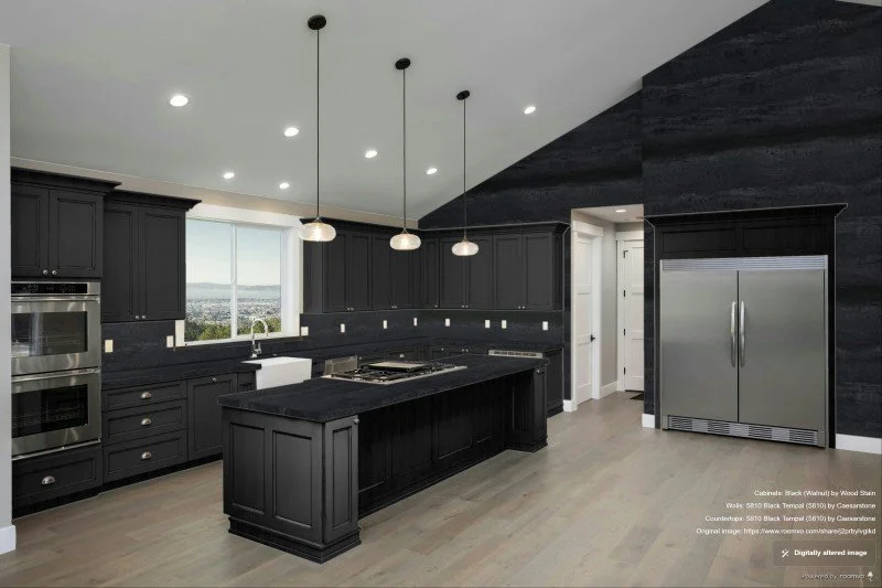 Black Tempal quartz countertops - Caesarstone  - black cabinets