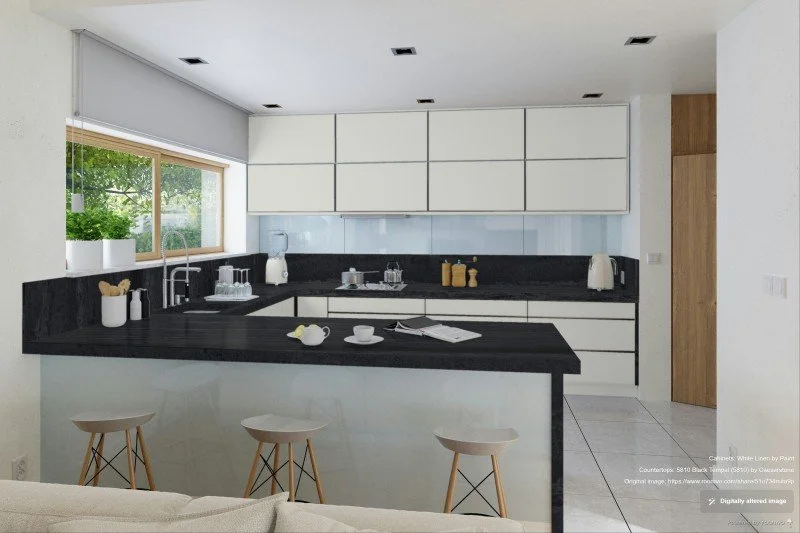 Black Tempal quartz countertops and backsplash - Caesarstone