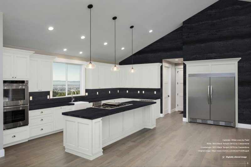 Black Tempal quartz countertops - Caesarstone  - white cabinets