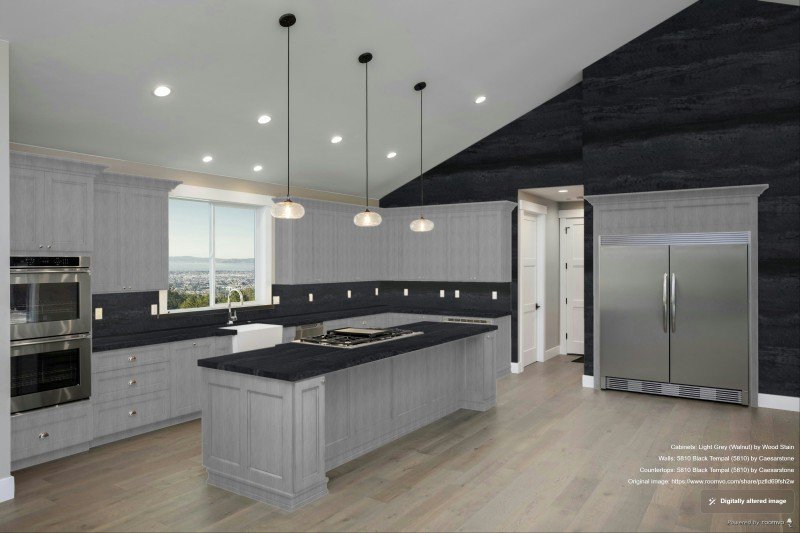 Black Tempal quartz countertops - Caesarstone  - greige cabinets