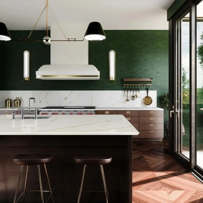 Cambria Inverness Gold quartz - kitchen with wood cabinets