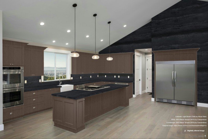 Black Tempal quartz countertops - Caesarstone  - oak cabinets
