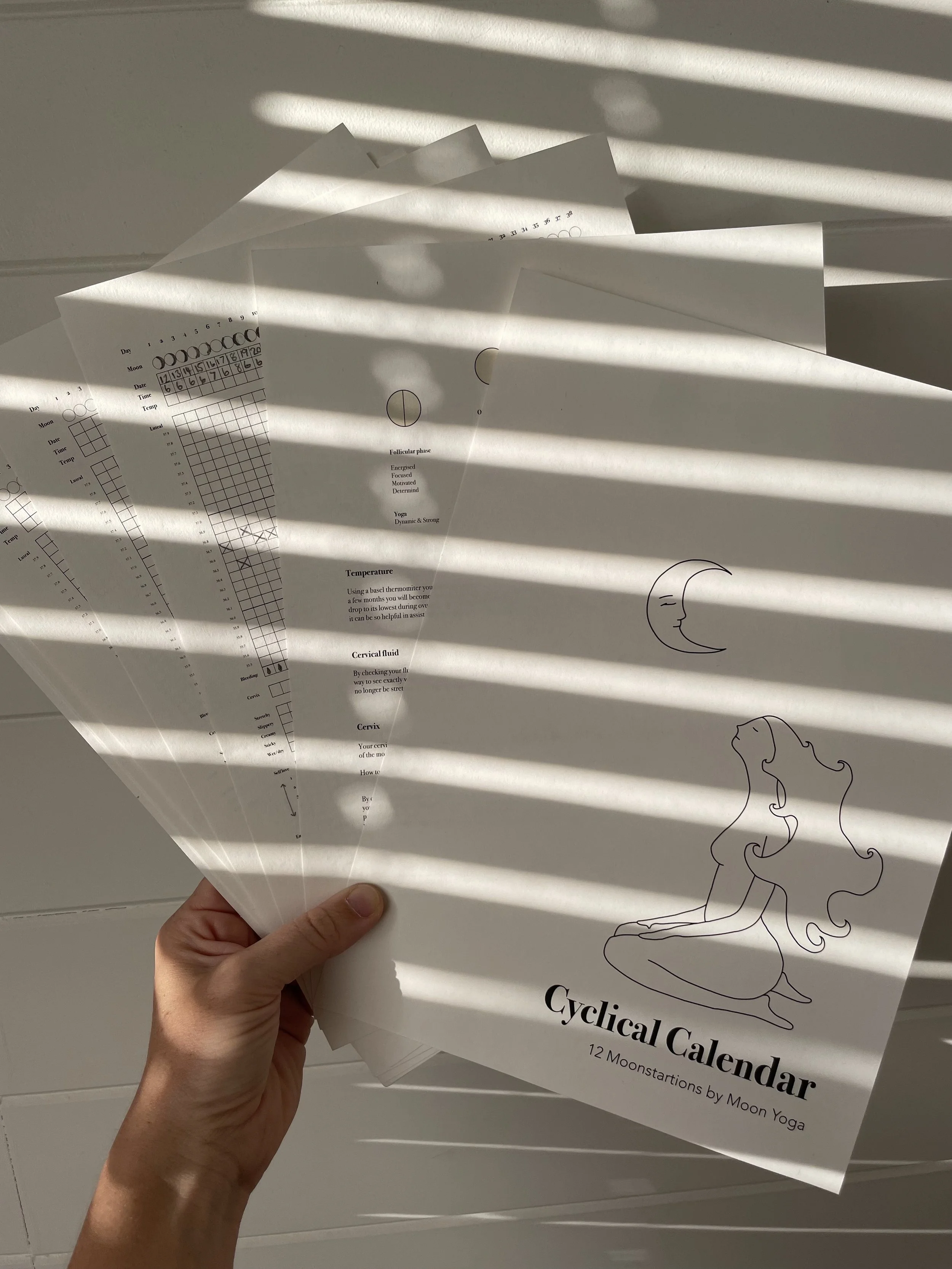 A hand holding a stack of yoga and health-related calendars with the front page titled 'Cyclical Calendar: 12 Moonstages by Moon Yoga', featuring simple line art of a moon and a woman in a meditative pose, with sunlight casting striped shadows across the pages.