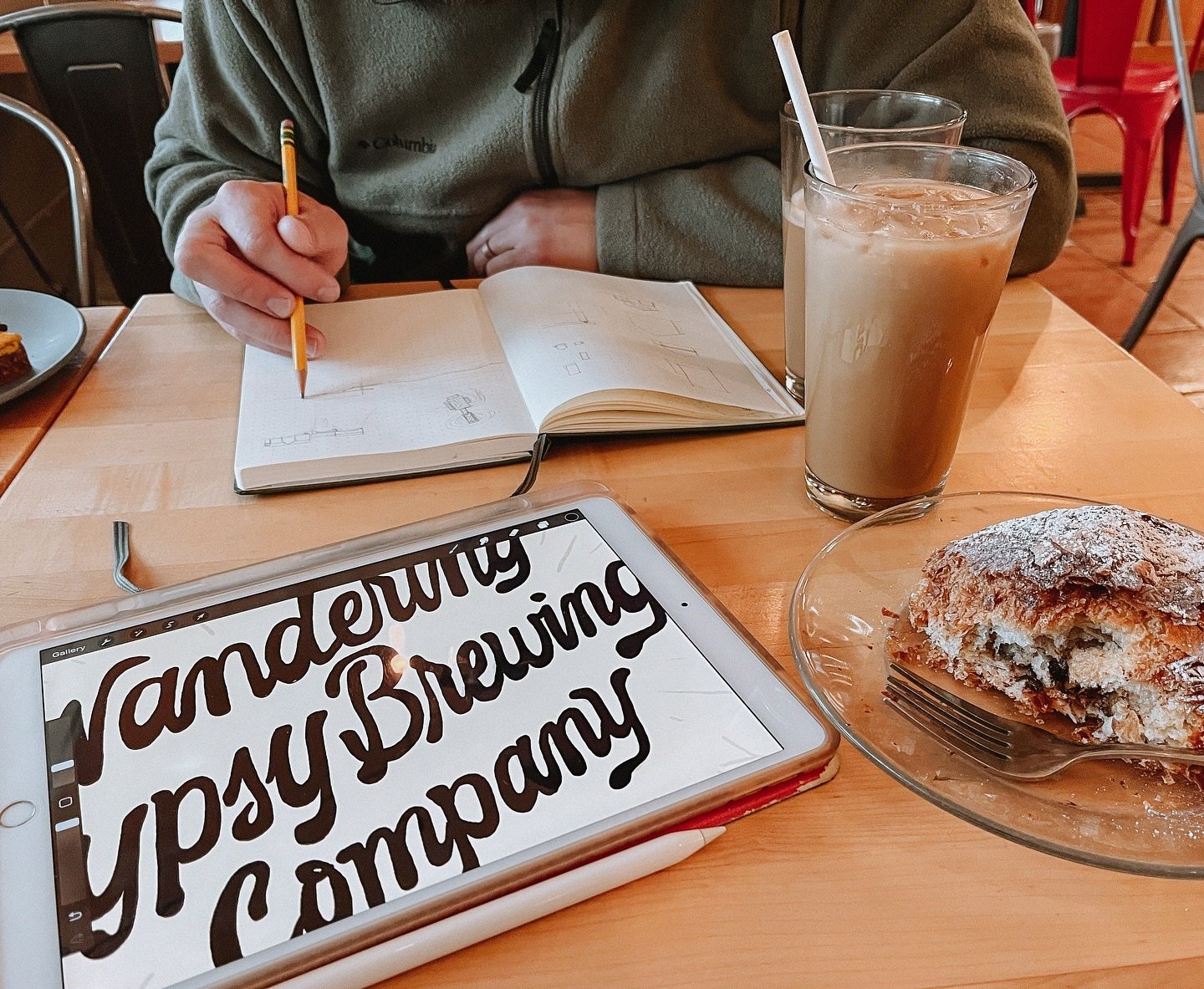 The best sketching happens when you&rsquo;re parked next to a hefty croissant and a maple latte. Spent this early rainy morning drawing summery funky type for @wanderinggypsybrewingco ✨