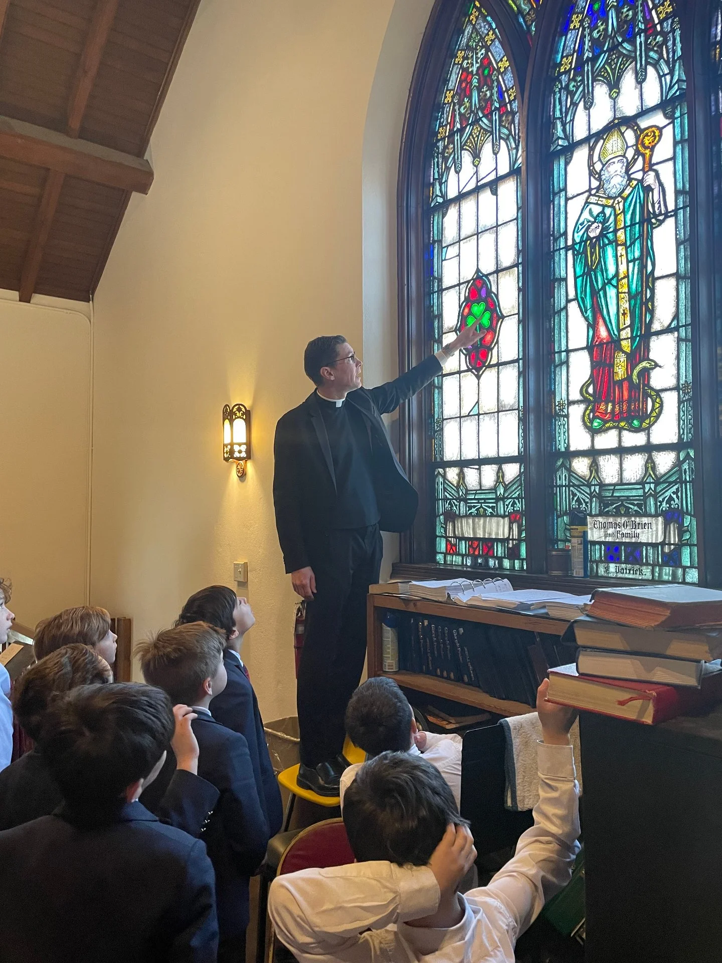 Today we&rsquo;re celebrating St. Patrick&rsquo;s Day with a special moment from our visit to St. Patrick&rsquo;s Church in Bedford. ☘️

As our students admired the beautiful stained glass windows, Father pointed out a shamrock &mdash; a symbol St. P