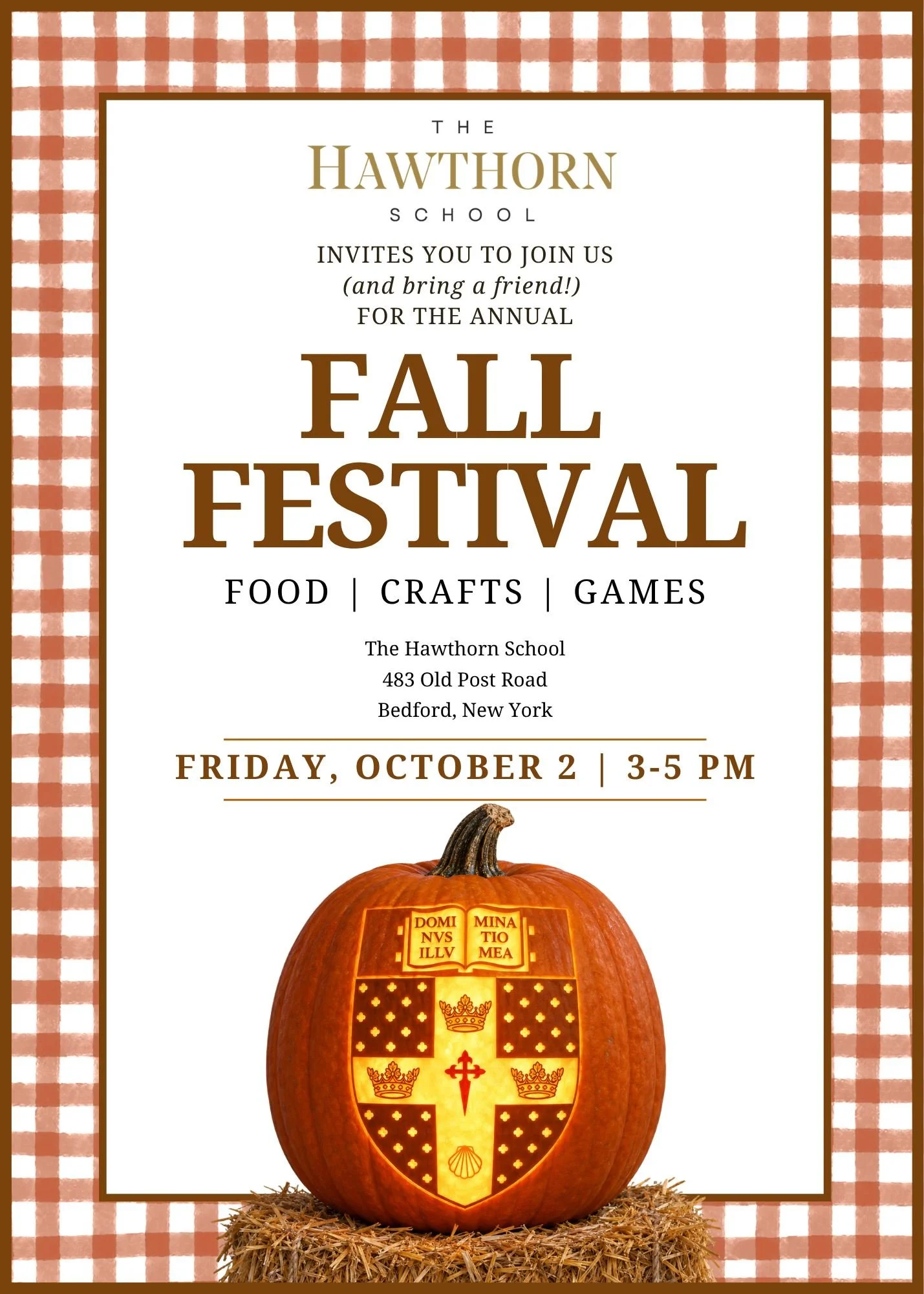 Save the date! Join us for our Annual Fall Festival on Friday, October 2nd from 3&ndash;5 PM. An afternoon of food, crafts, and games for the whole family, bring a friend! Please note all students must be accompanied by a parent or caregiver. We can'