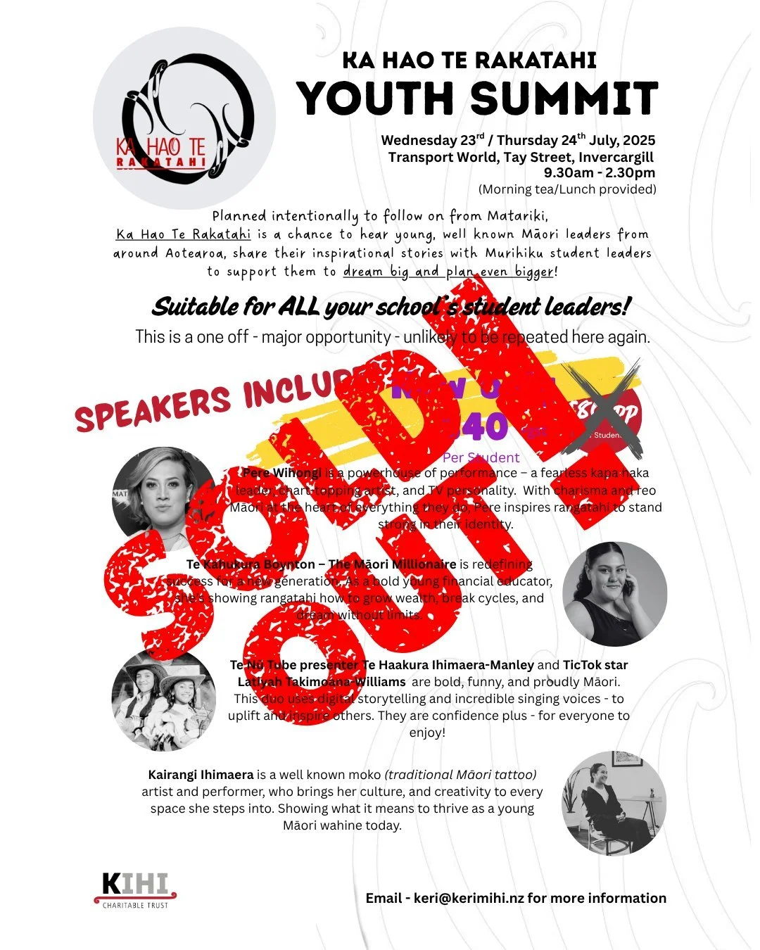 Ka Hao Te Rakatahi - sold out!
Great news for the schools that jumped in straight away and booked tickets for their students. Unfortunately schools trying to book now - have missed out. 
We're looking forward to having a great two days next week!