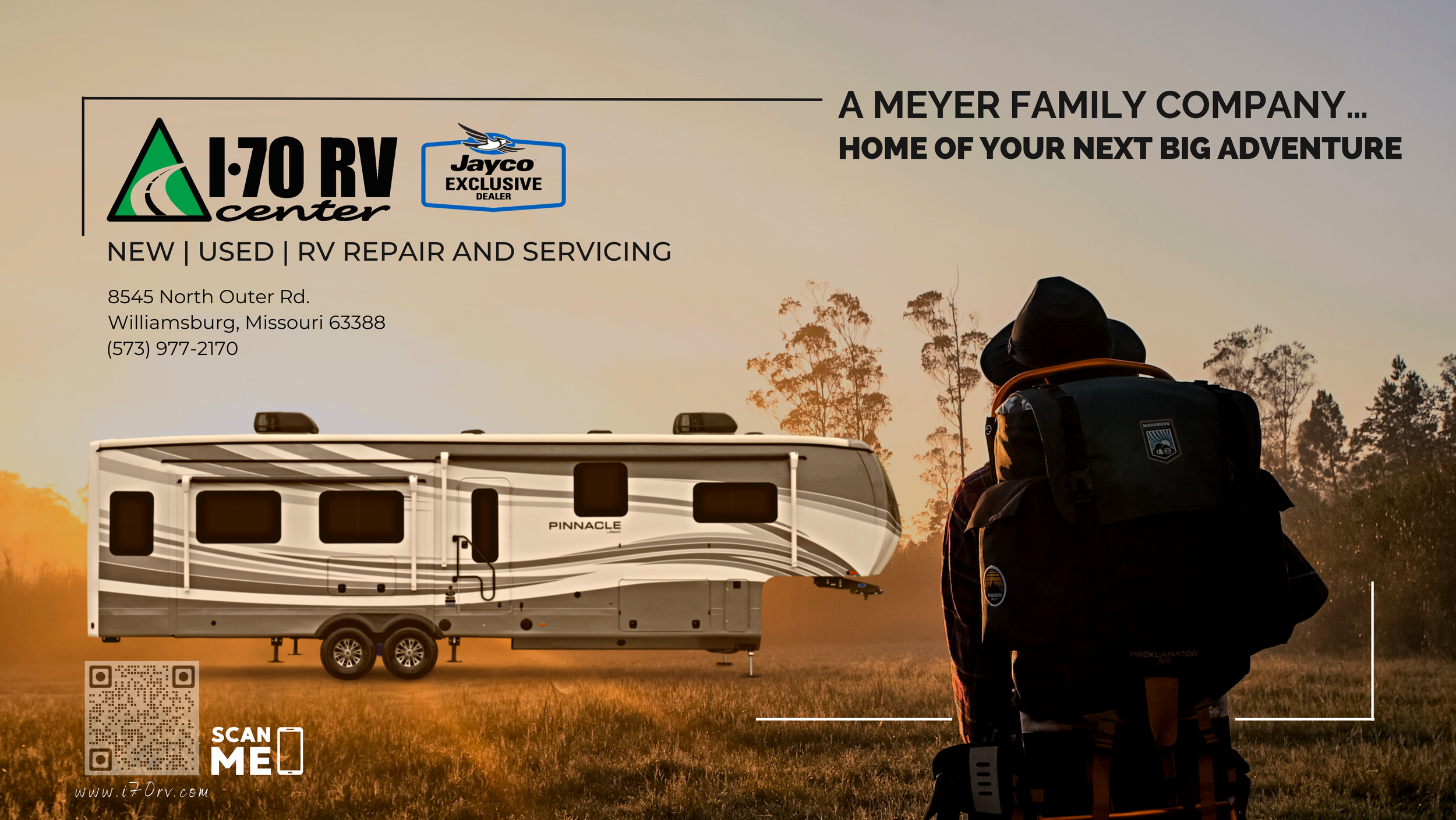 Advertisement for I-70 RV Center featuring an outdoor scene at sunset with a person wearing a hat and backpack, a large travel trailer, and trees in the background. The ad includes contact information and a QR code.