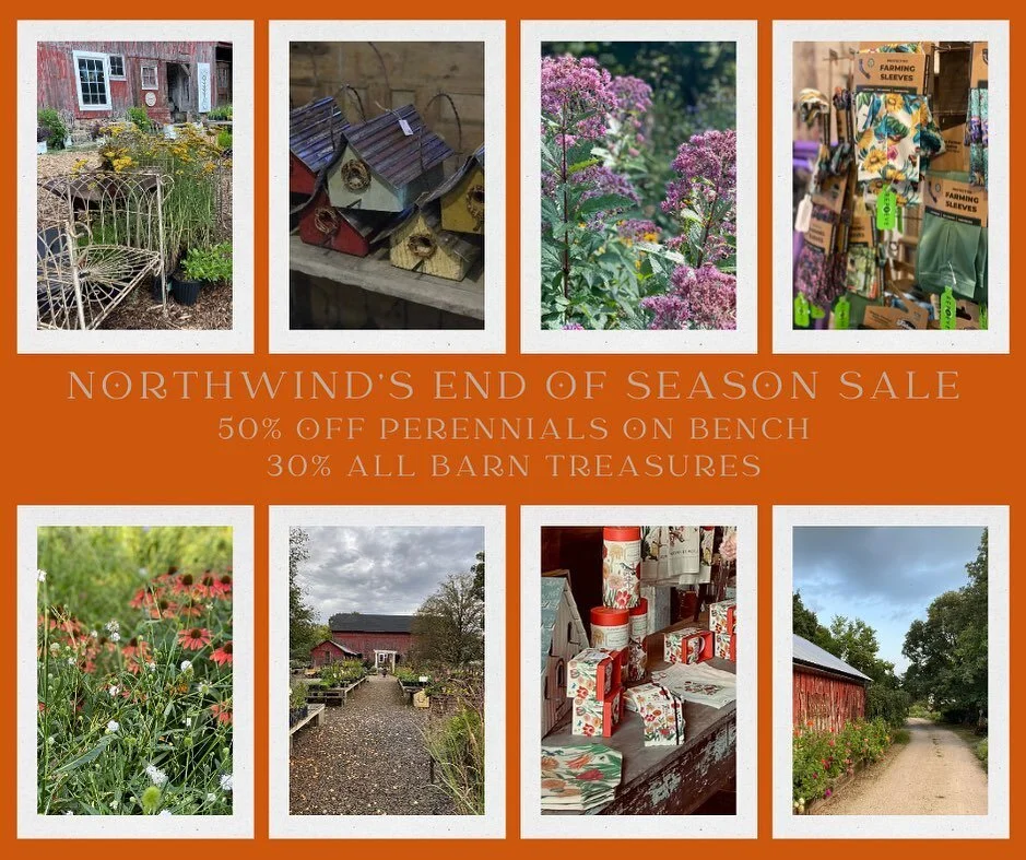 Our final weekend of this growing season will kickoff tomorrow at 10:00! Don&rsquo;t miss this chance to snag some great deals!
See you at the farm-
#northwindperennialfarm 
#cultivateeducateinspire 
#shoplocal 
#barn
#perennialplant 
#fountains 
#ha