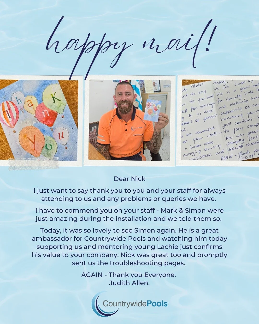H A P P Y M A I L! We don&rsquo;t just sell pools and say see ya later &mdash; we support you through every stage of pool ownership. 💧

From that first site visit to years down the track, our team is here when you need us. One of our customers recen
