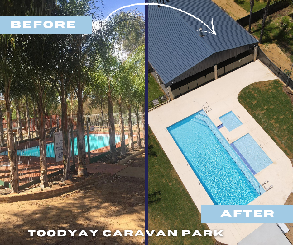 Before and after of the renovated swimming pool at Toodyay Caravan Park