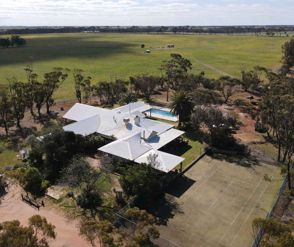 Aerial view of a fibreglass pool on a rural Wheatbelt farm property