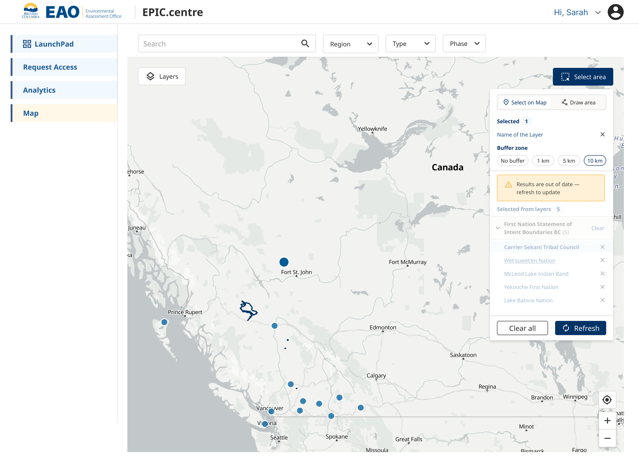 Project footprint selected on the map, with intersecting protected areas listed