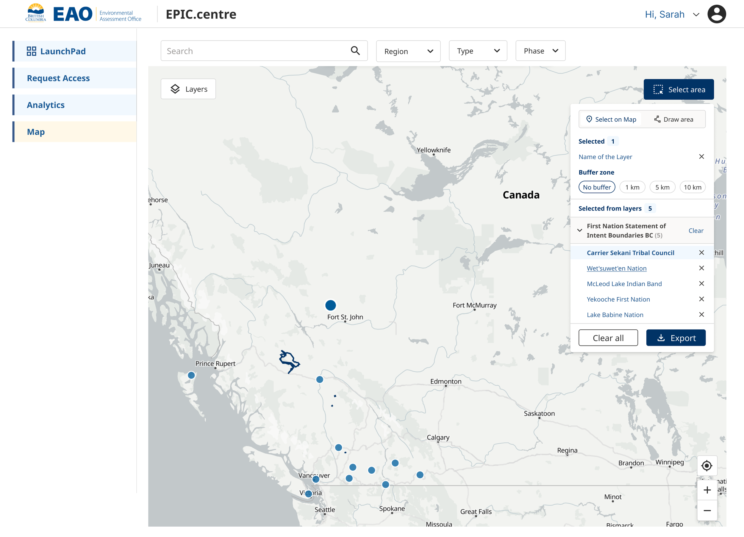 Project footprint selected on the map, with intersecting protected areas listed