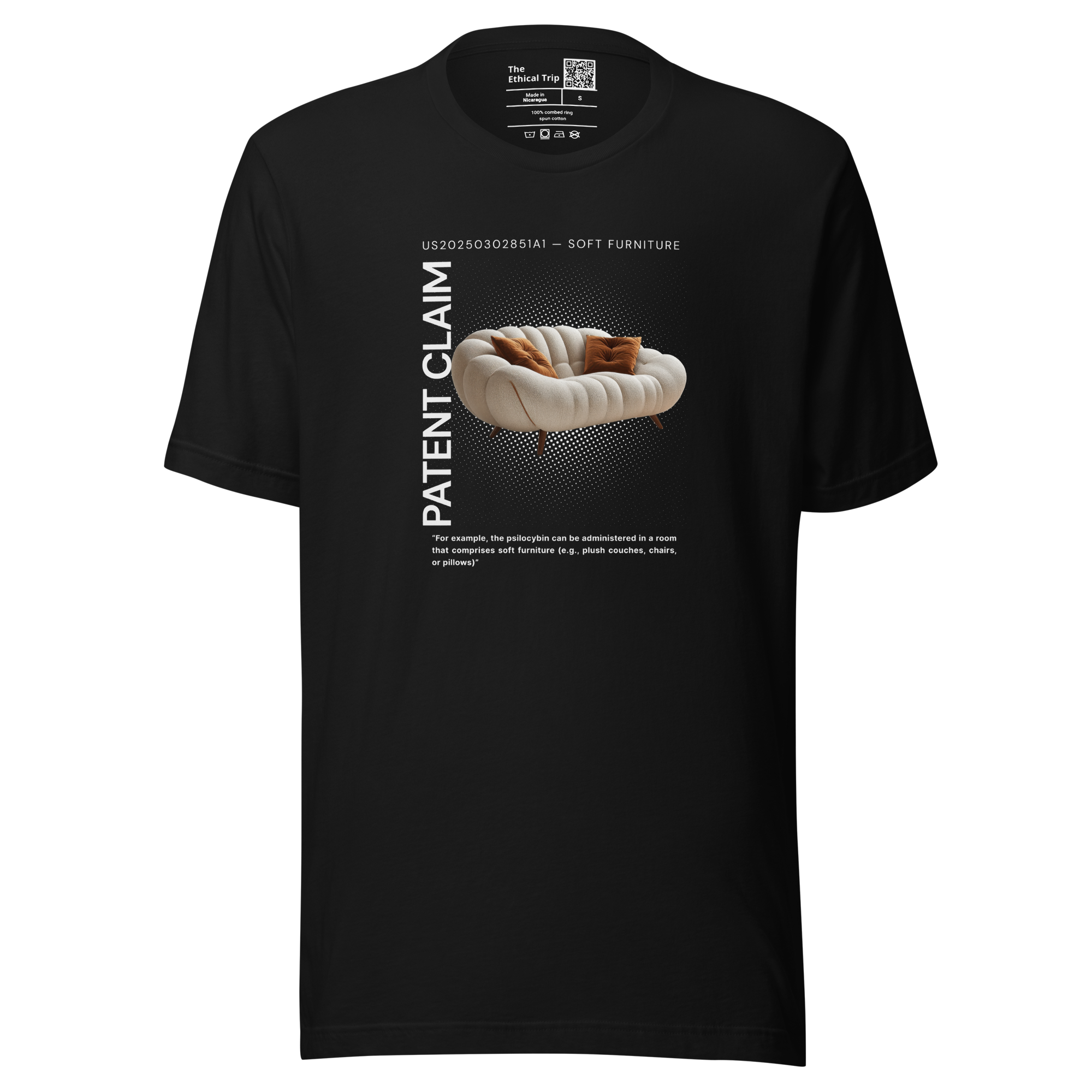 Black satire t-shirt featuring an image of a plush, curved sofa and  patent number US20250302851A1
