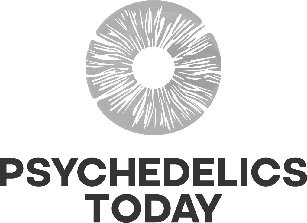 A circular graphic resembling spore print with radiating lines, above the text 'Psychedelics Today' in bold black letters.
