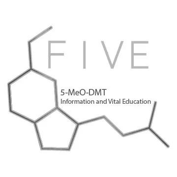 Graphic design featuring the word 'FIVE' with a molecular structure illustration and the text '5-MeO-DMT' and 'Information and Vital Education'.
