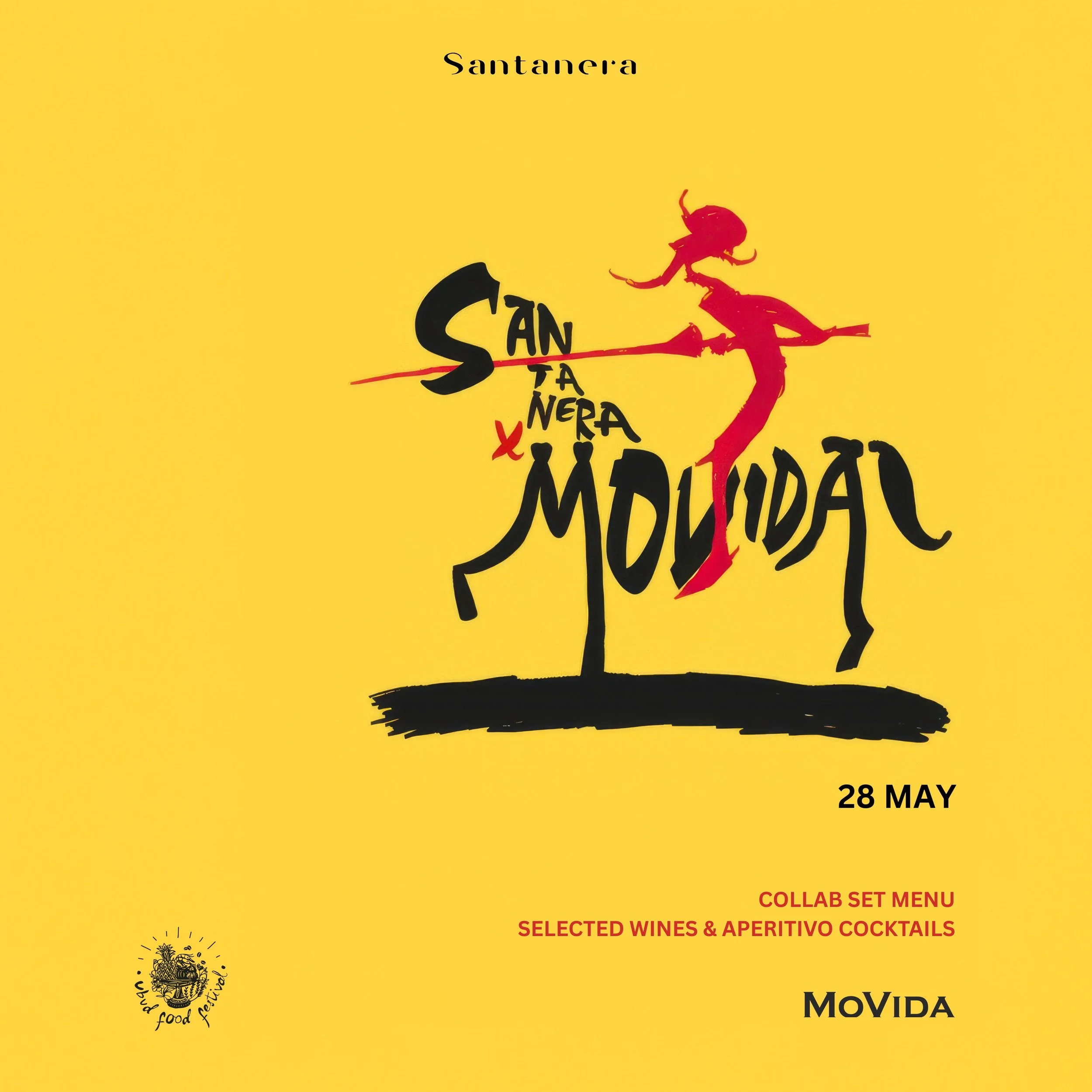 A bright yellow magazine cover with a red abstract illustration of a person riding a bicycle. The title 'Santander' is printed at the top, and other text includes '28 May', 'Collab Set Menu', and 'Selected Wines & Aperitivo Cocktails'. There is a small logo of a food festival at the bottom left corner. The text 'MoVIVA' appears at the bottom right.