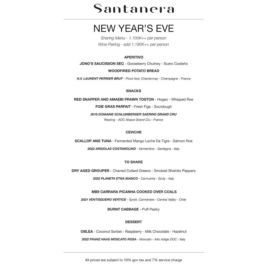 Menu for New Year's Eve at Santerea with food and drink options including aperitivo, snack, ceviche, share dishes, dessert, and wine pairings, along with prices and descriptions.