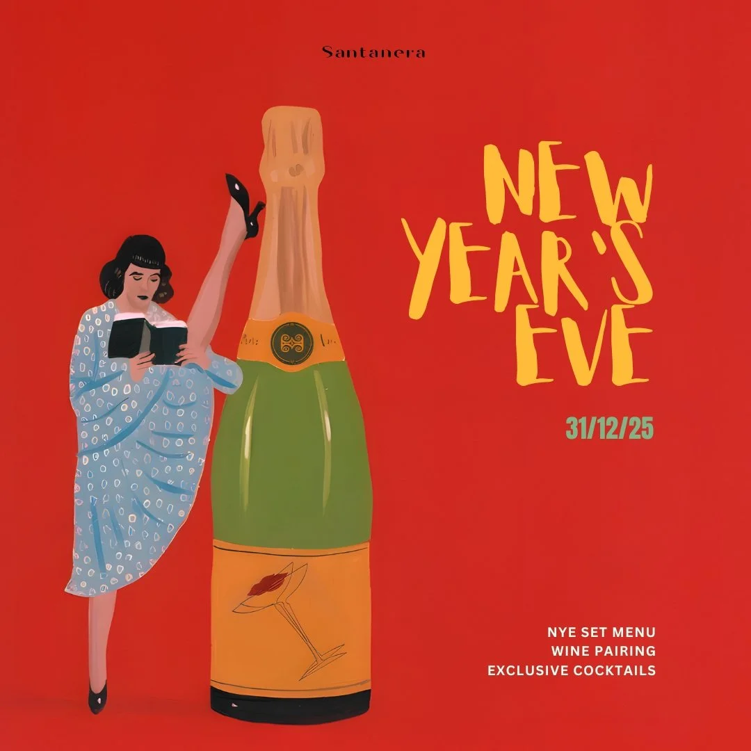 Illustration of a woman in a blue dress reading a book, leaning against a large champagne bottle, with the words 'New Year's Eve' and date '31/12/25' on a red background. Text mentions NYE set menu, wine pairing, exclusive cocktails.