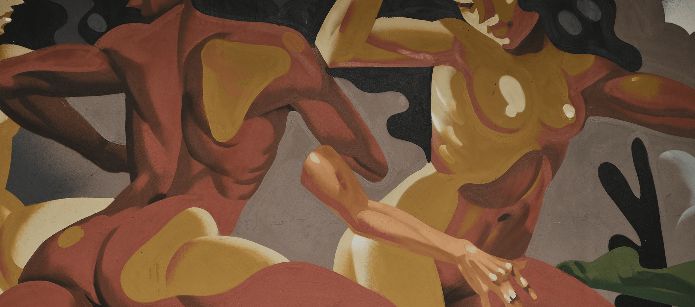 A colorful abstract painting featuring intertwined human figures in warm tones of red, orange, and yellow with black and beige accents.