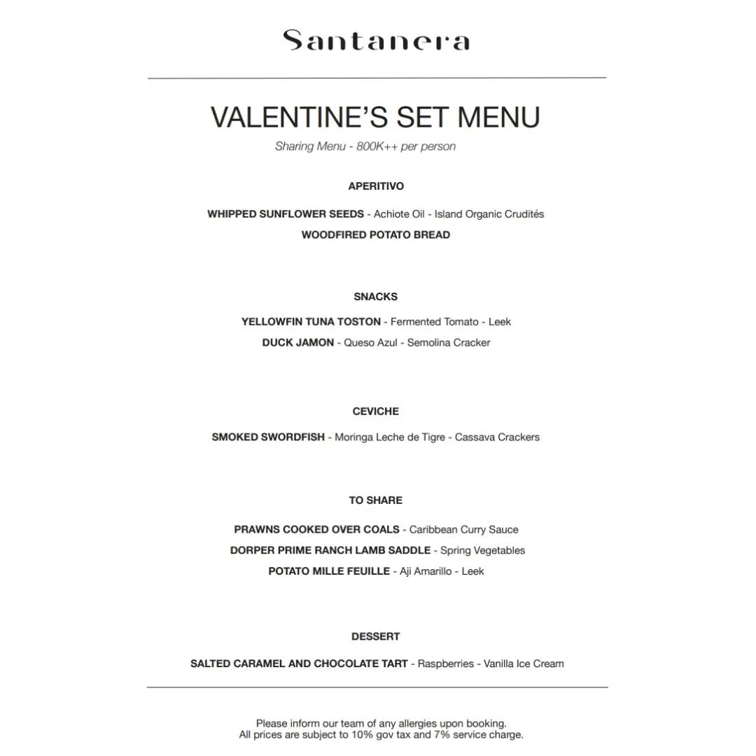 Valentine's Day set menu from Santanera restaurant with various appetizers, snacks, ceviche, shared dishes, and dessert listed in the menu.