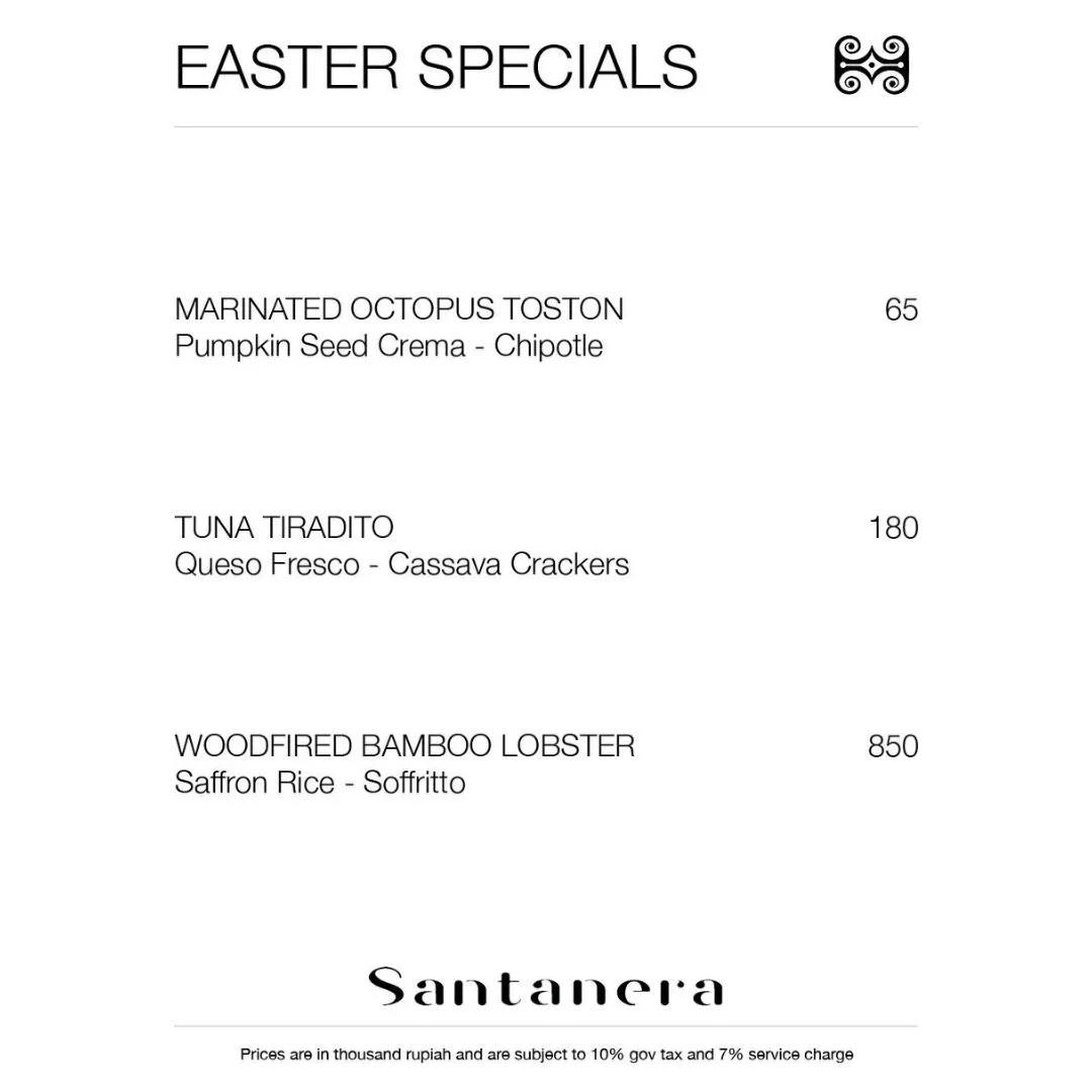 Easter specials menu featuring marinated octopus tostom, tuna tiradito, and woodfired bamboo lobster.