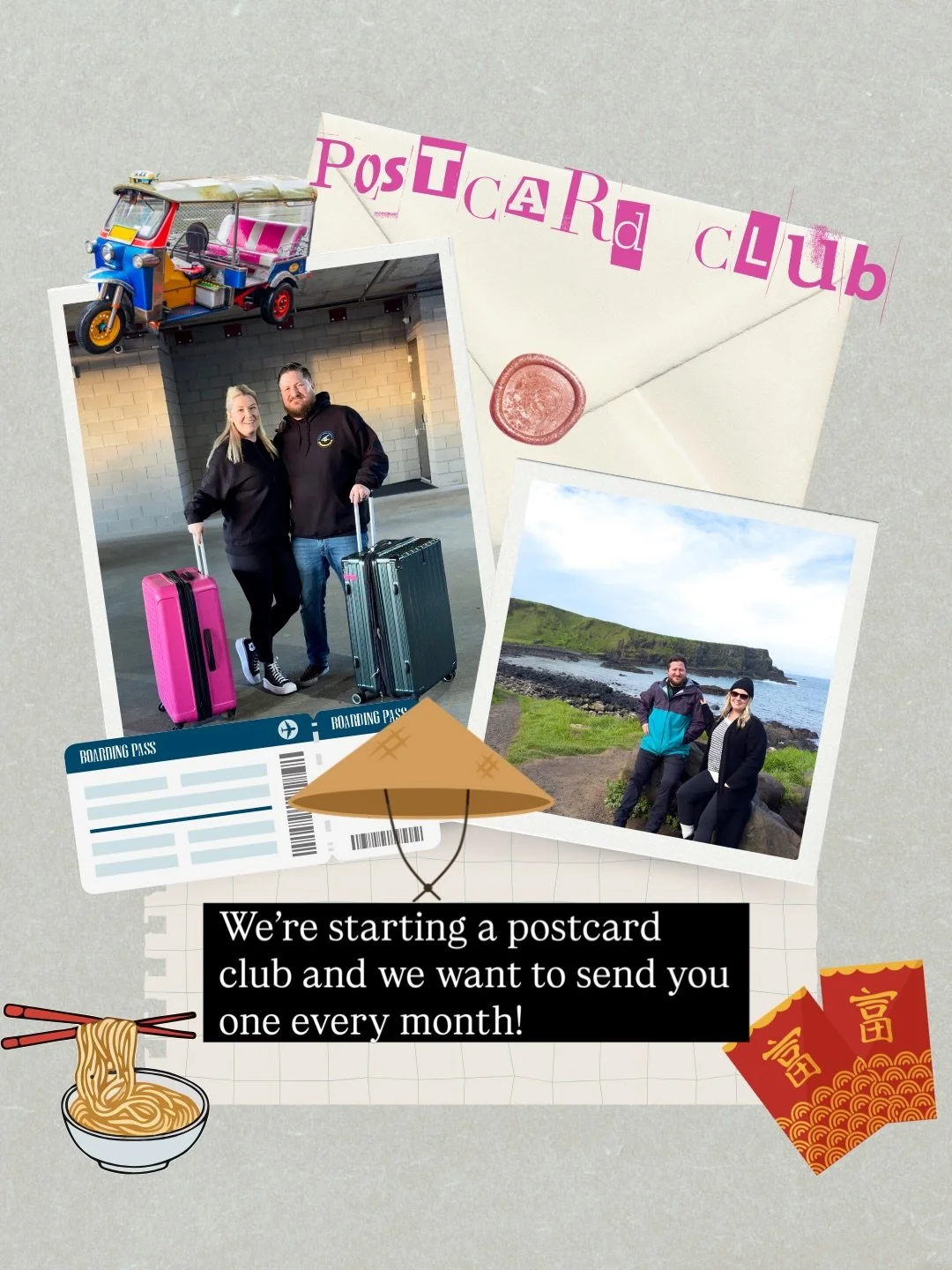 FUN MAIL!!!! We want to send you a postcard every month and bring some joy to your mailbox! 
D E T A I L S ✍️
How it works (it&rsquo;s simple!):
1️⃣ Grab your spot in the club for $10.
2️⃣ We hunt down a beautiful postcard, write you a personal note,