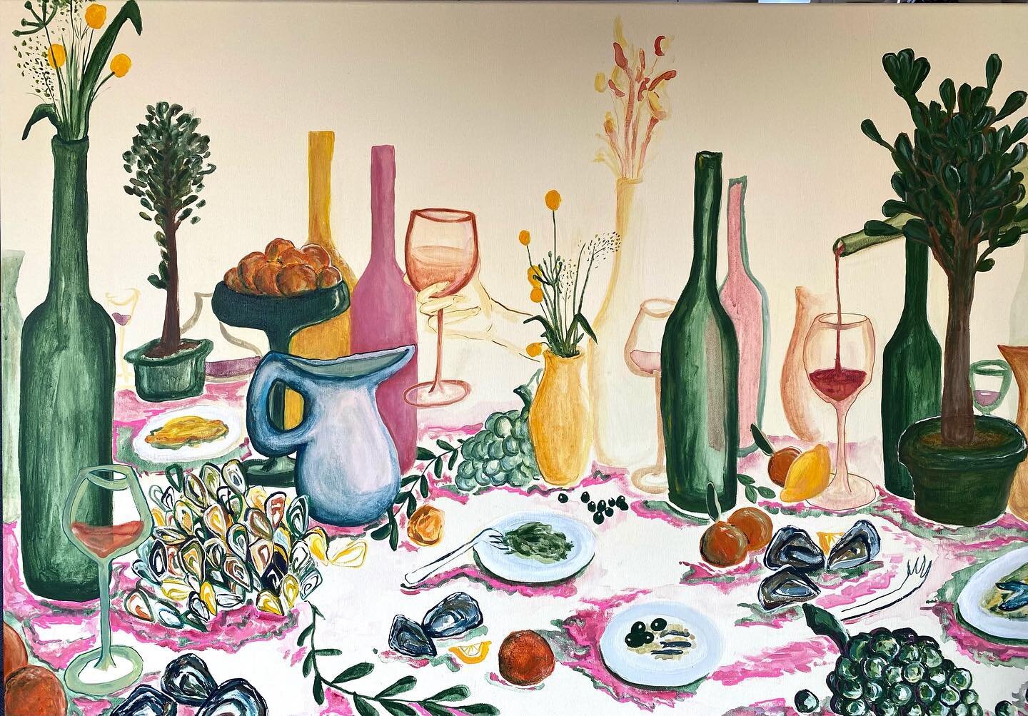Spring time vibes on this baby💜🍊 *Commission* 
70x100cm mixed media on canvas
.
.
#commissionart #felinesart #dinnertime #dinnertable #paintings #paintingsforsale #foodart #summertime #springtime #summerlunch #springtimelunch #tabledecoration #food