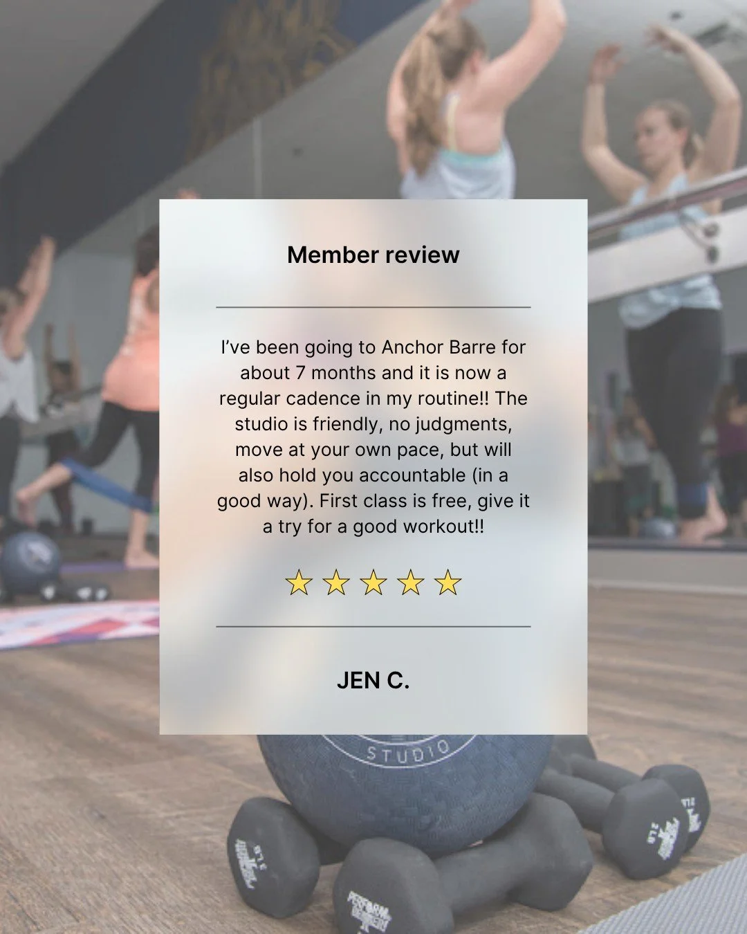 Jen found a rhythm, or a flow of words or music, in a sequence that is regular and good for the soul here at Anchor Barre. We are so glad she did! 
New clients - your first class is free! Download the Anchor Barre app and use the code  firstclassfre