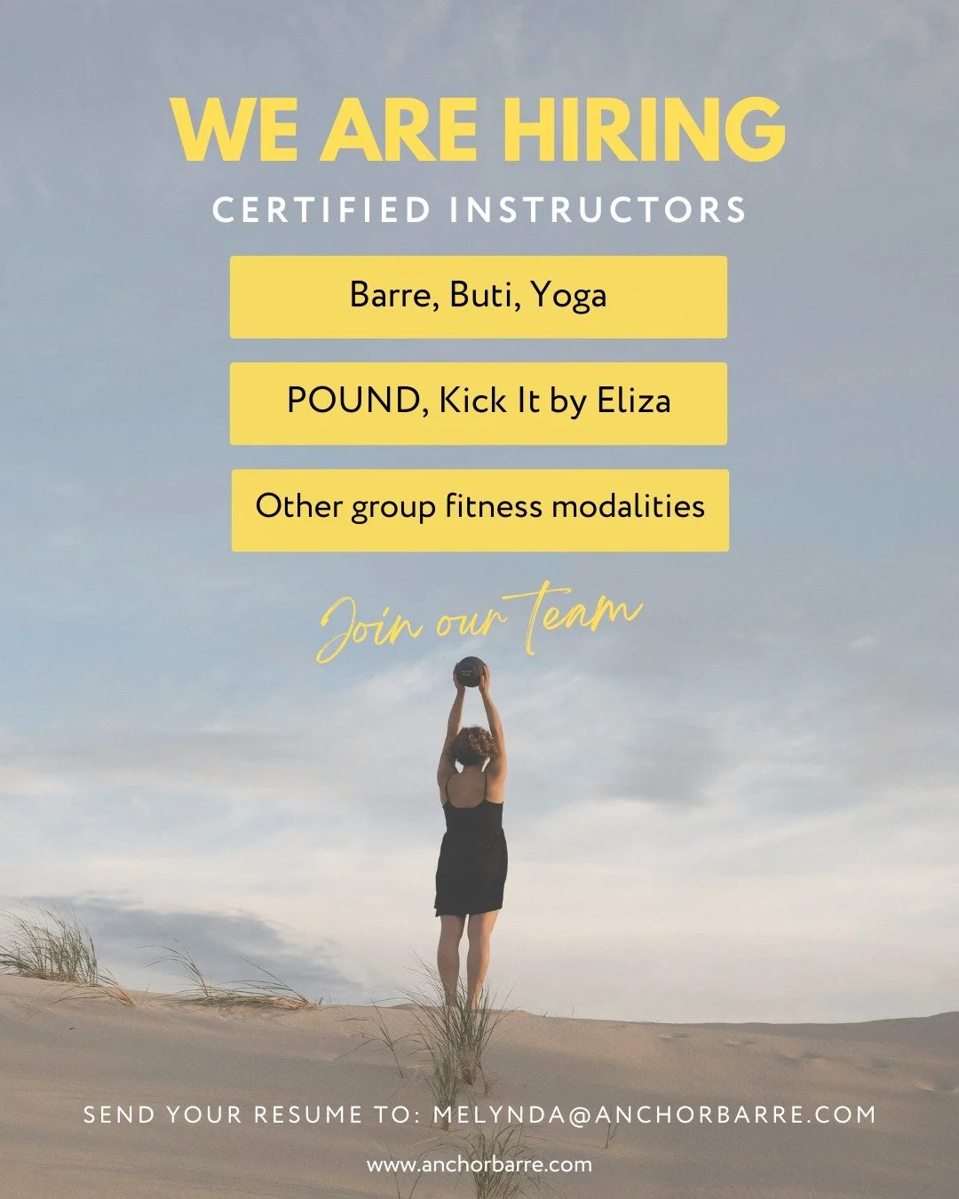 Love to lead a room? Join our instructor team for Barre, Buti, Yoga, POUND, and more. Friendly community, steady classes, and room to advance. Send your resume to Melynda@anchorbarre.com today!
#nowhiring #certified #groupfitnessinstructor #barre #y