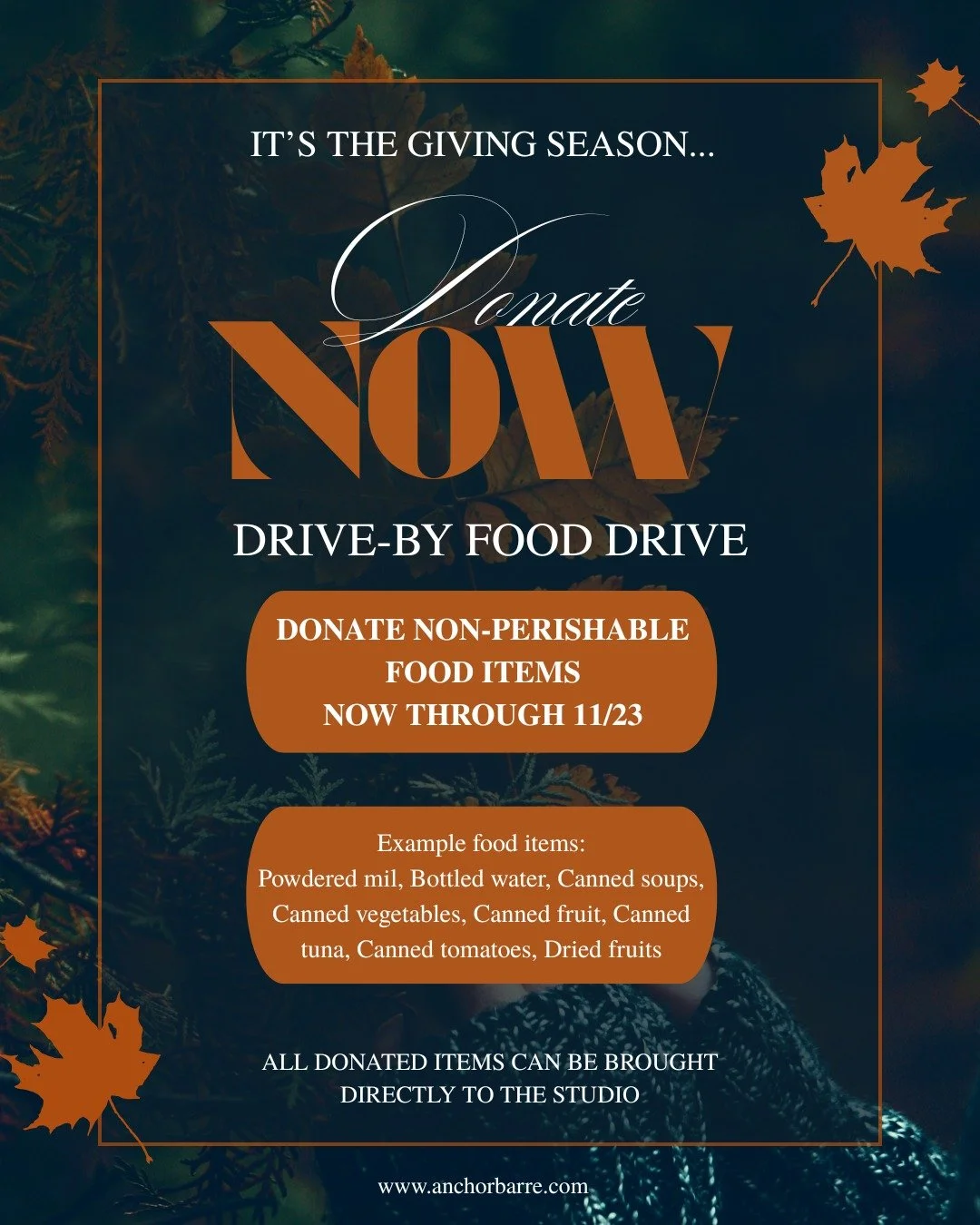 You help make our studio amazing; YOU can help us make this Thanksgiving season amazing too! Now through Sunday November 23rd, we are collecting non-perishable food items to be donated to our local community. 

Bring your items directly to the studio