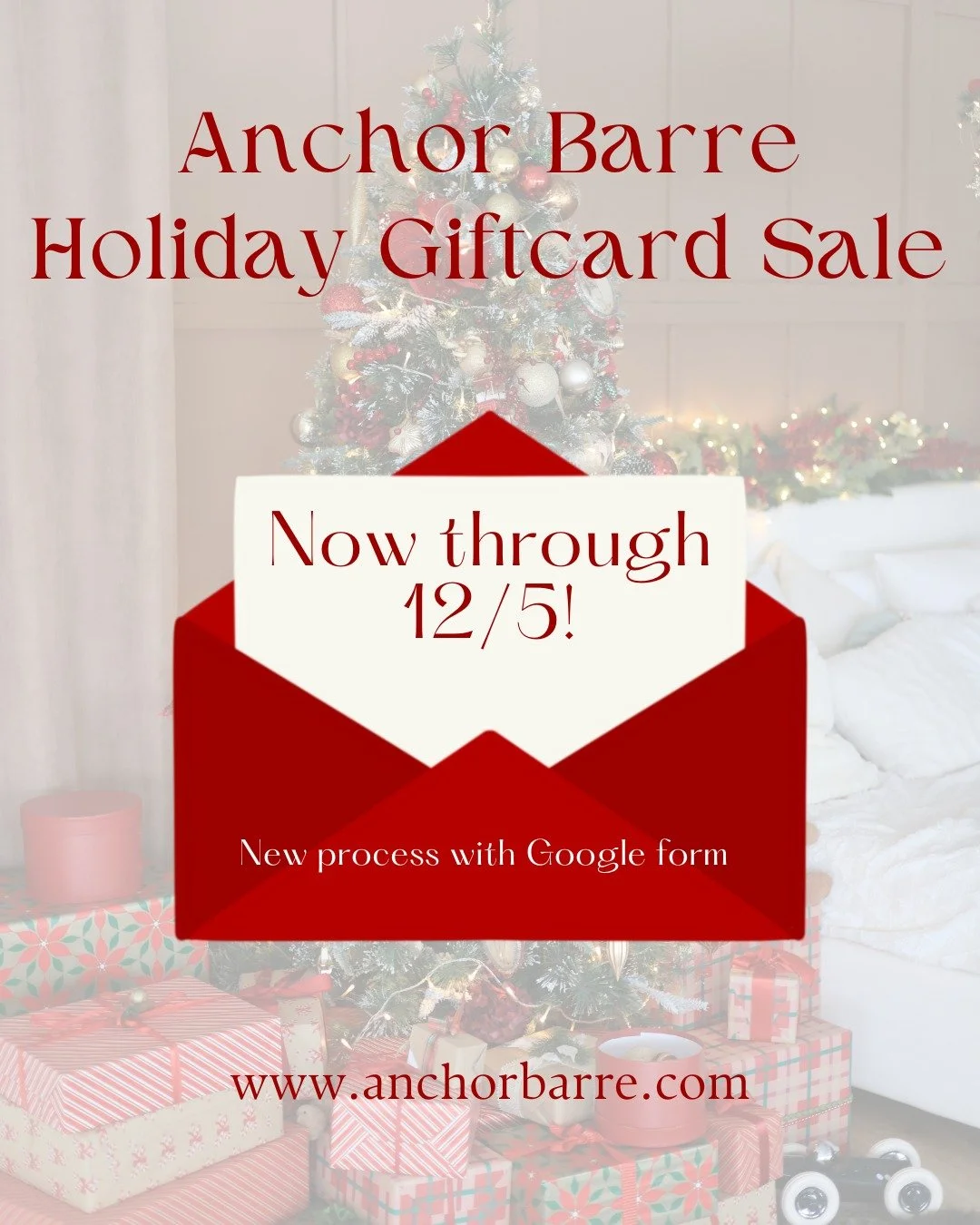 Anchor Barre Holiday Gift Card Sale!

Our Annual gift card sale is underway!  Trying a new method this year.  Fill out this short Google Form to receive your account credit (if you're buying for yourself) or to receive a personalized virtual gift cer