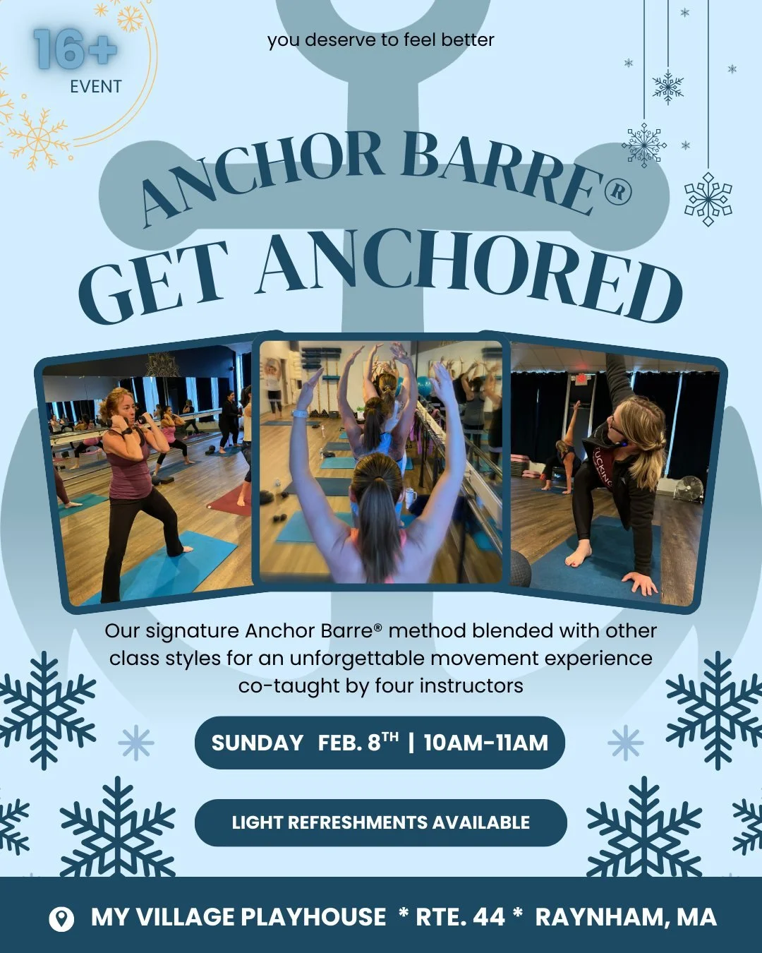 Get Anchored 2026

Step out of the studio and challenge your comfort zone with this once-a-year class mashup. Our signature Anchor Barre method blends with other class styles for an unforgettable movement experience, co-taught by four instructors. We