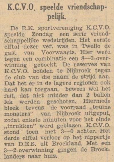 Verslag in Nieuwe Apeldoornsche Courant van 5 september 1949: KCVO speelde vriendschappelijk