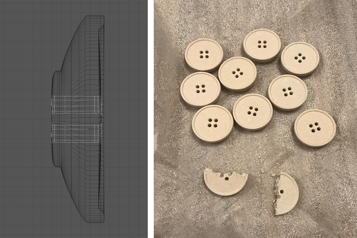 3Dレンダリングと試作段階で割れてしまった素地