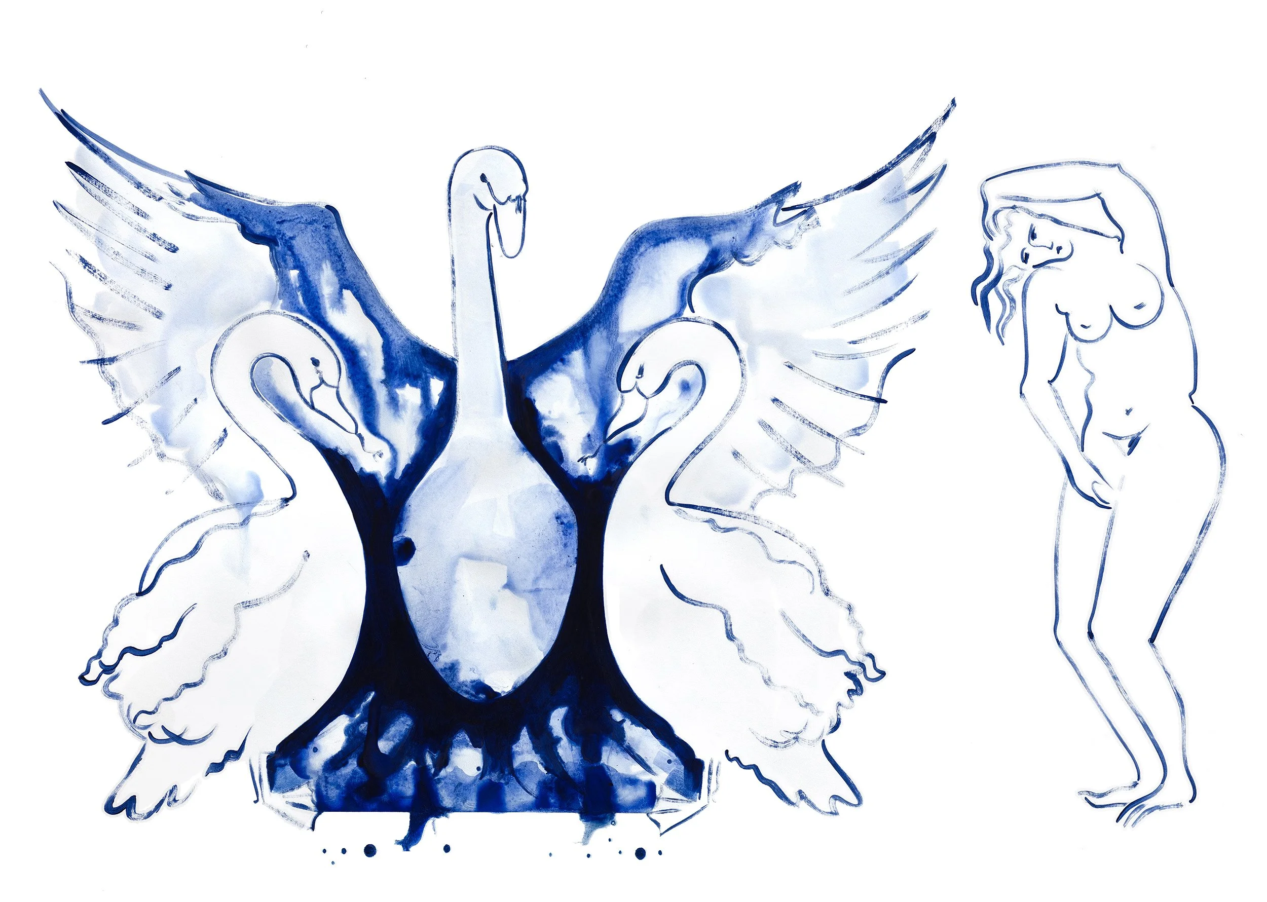 Leda and the Swans | Ink and acrylic on paper | 42 x 60cm | 2026