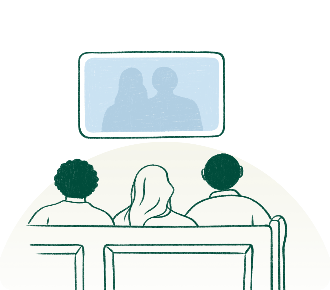 Three people sitting on a bench watching a television screen showing two people, in a minimalist line drawing style.