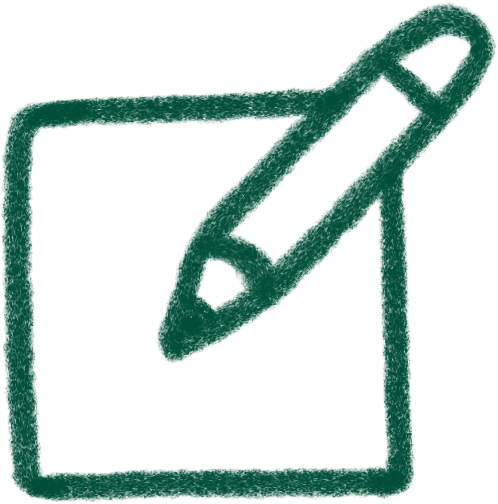 Simple line drawing of a pencil writing on a square notepad.