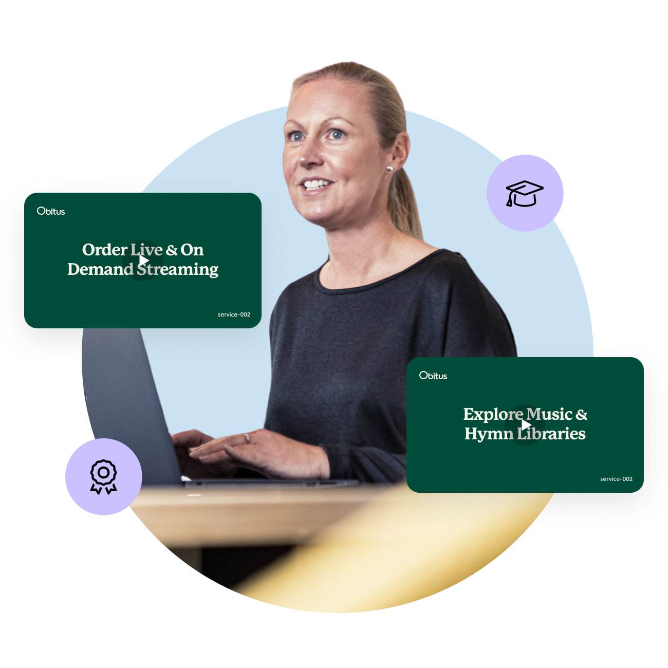 A woman with blonde hair in a ponytail working on a laptop, surrounded by graphic elements promoting online streaming services and digital resources.