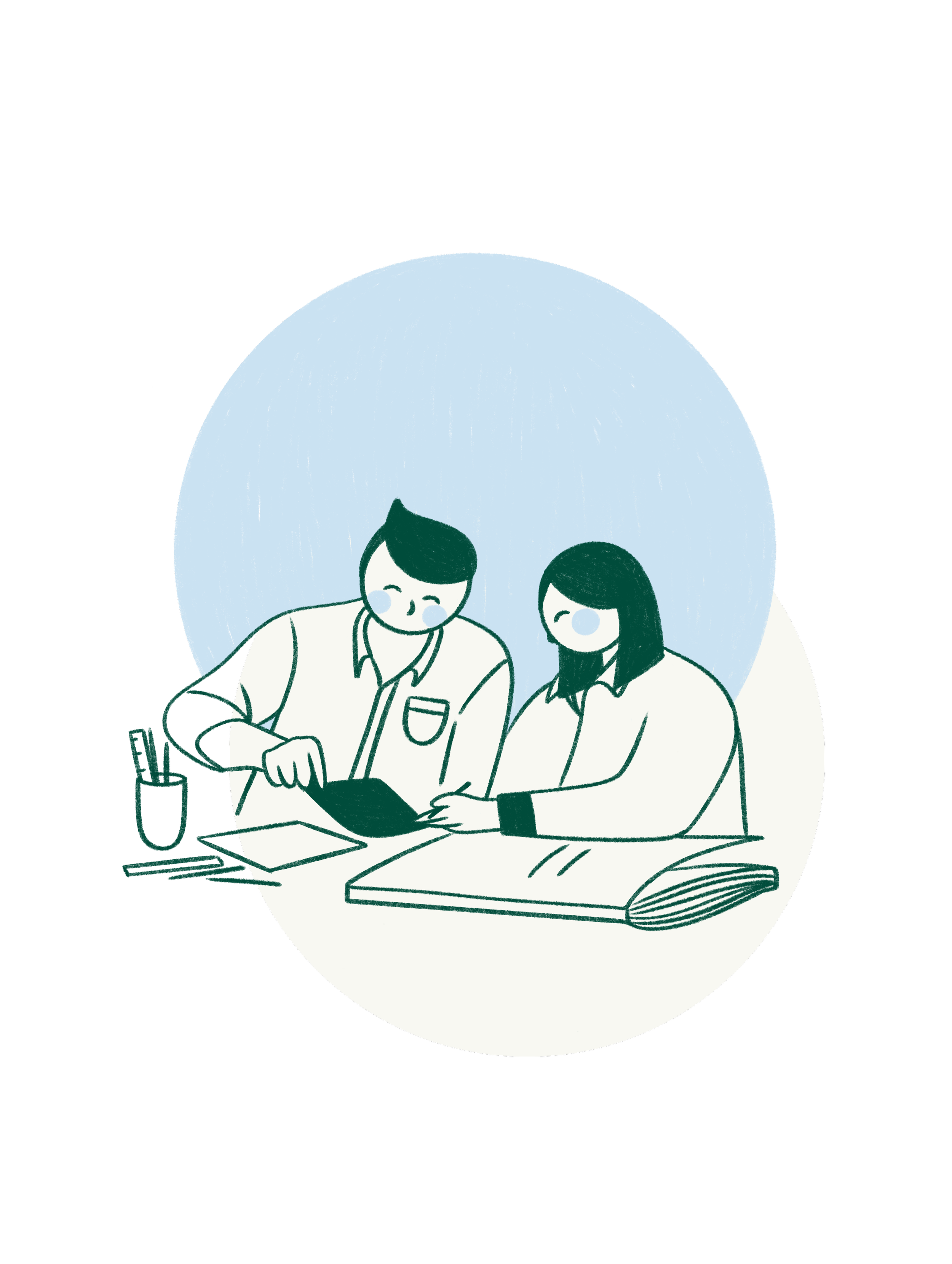 Illustration of two people sitting at a table, smiling, with an open book and stationery on the table, depicted in a simple, minimalistic style with a light blue and white color scheme.