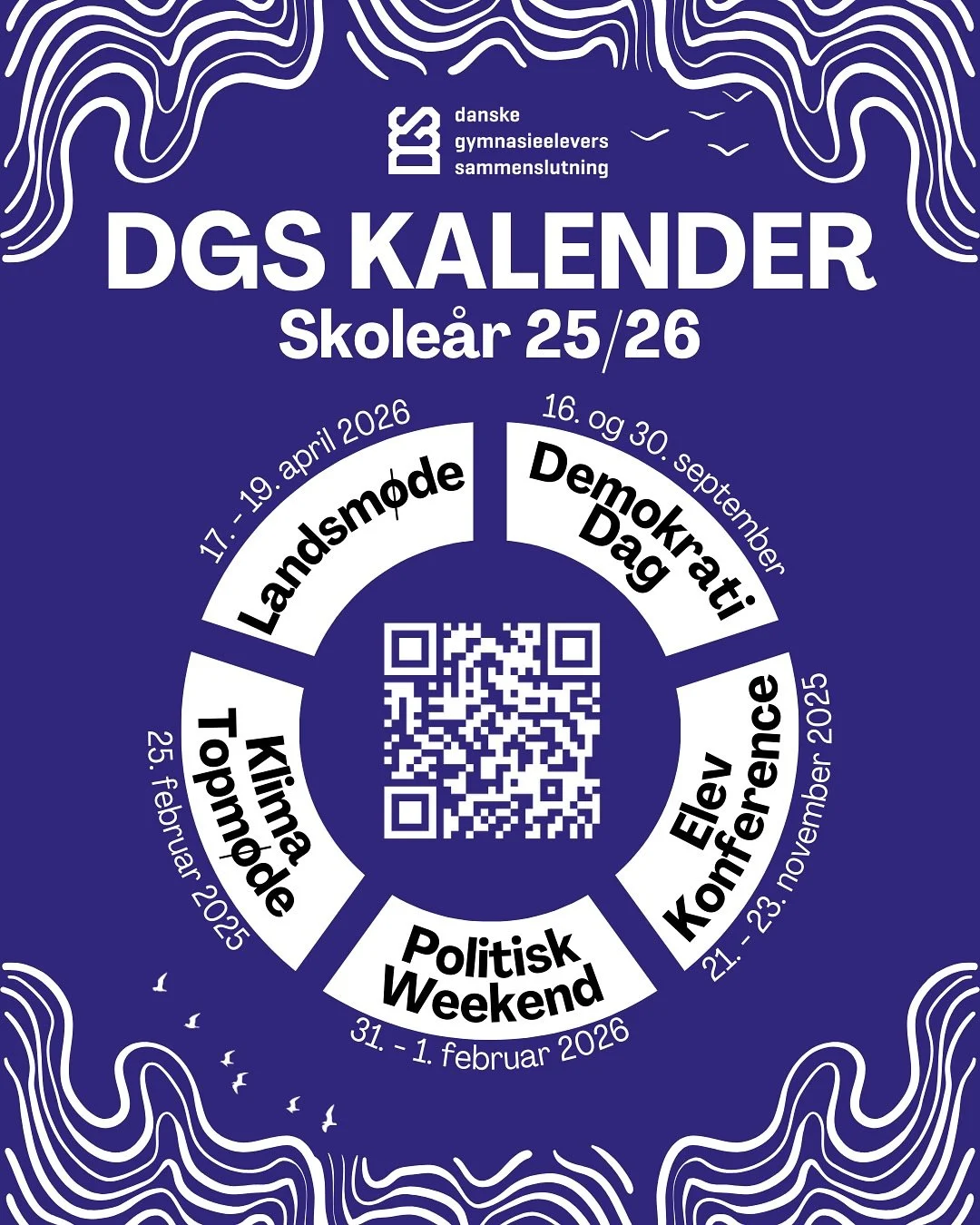 ✨ Se hvad DGS har p&aring; programmet i skole&aring;ret 25/26! ✨ Vil du have indflydelse p&aring; dit gymnasium, m&oslash;de andre engagerede elever eller v&aelig;re med til at s&aelig;tte den politiske retningen for fremtidens uddannelser? 
S&aring;