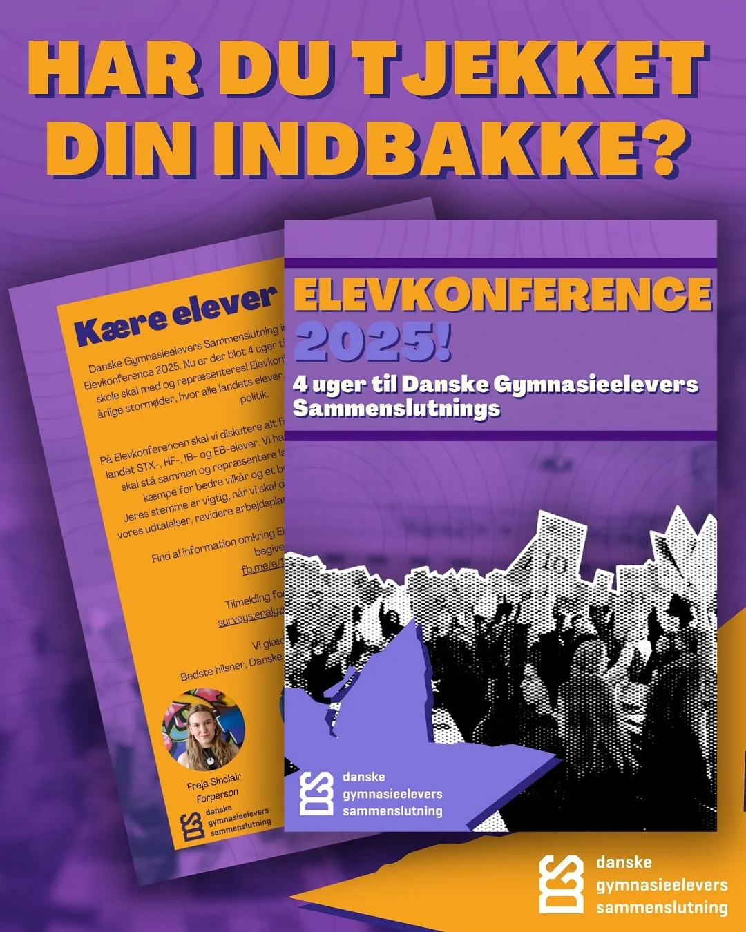 Vi har lige sendt 4-ugers posten til Elevkonferencen 2025 afsted!
Har du ikke f&aring;et en mail? 😯
👉 S&aring; kan du l&aelig;se 4-ugers posten lige her!

www.gymnasieelever.dk/elevkonference-25