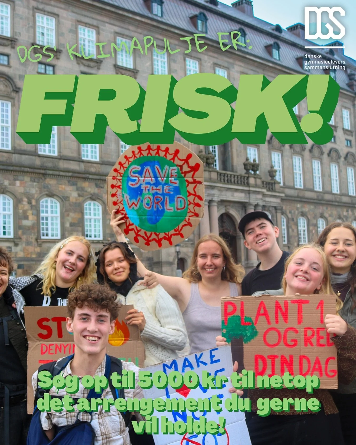 Vil du og dit klimar&aring;d lave fede gr&oslash;nne projekter p&aring; jeres gymnasium?
S&aring; husk at i kan s&oslash;ge op til 5.000 kr. fra DGS klimapulje!

L&aelig;s mere og s&oslash;g her: gymnasieelever.dk