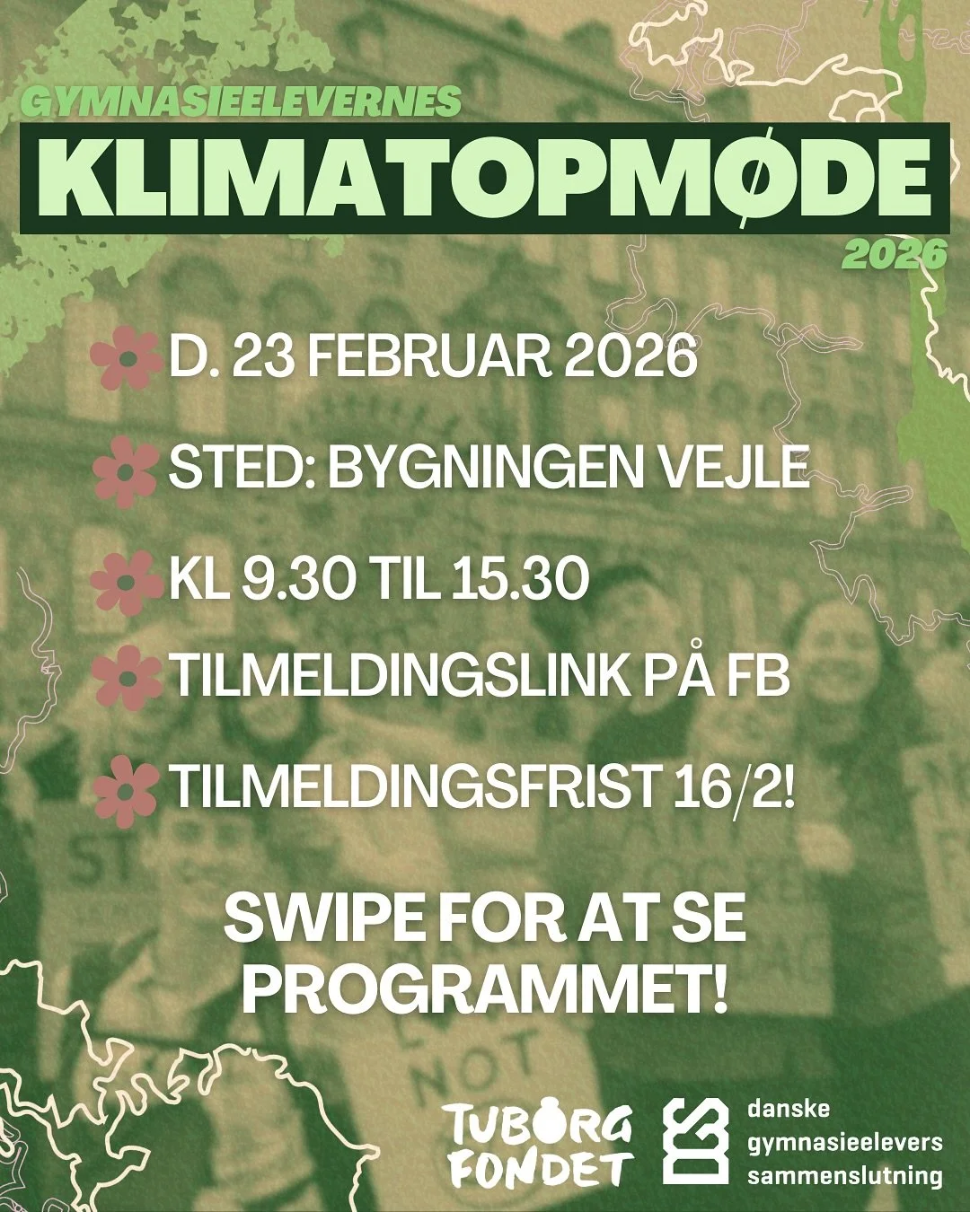 Danske Gymnasieelevers Sammenslutning (DGS) holder endnu en gang Gymnasieelevernes klimatopm&oslash;de, og vi vil gerne invitere DIG med! 

Det hele foreg&aring;r d. 23. februar fra 9.30-15.30 (indskrivningen lukker kl. 10) i Bygningen i Vejle. Kl. 1