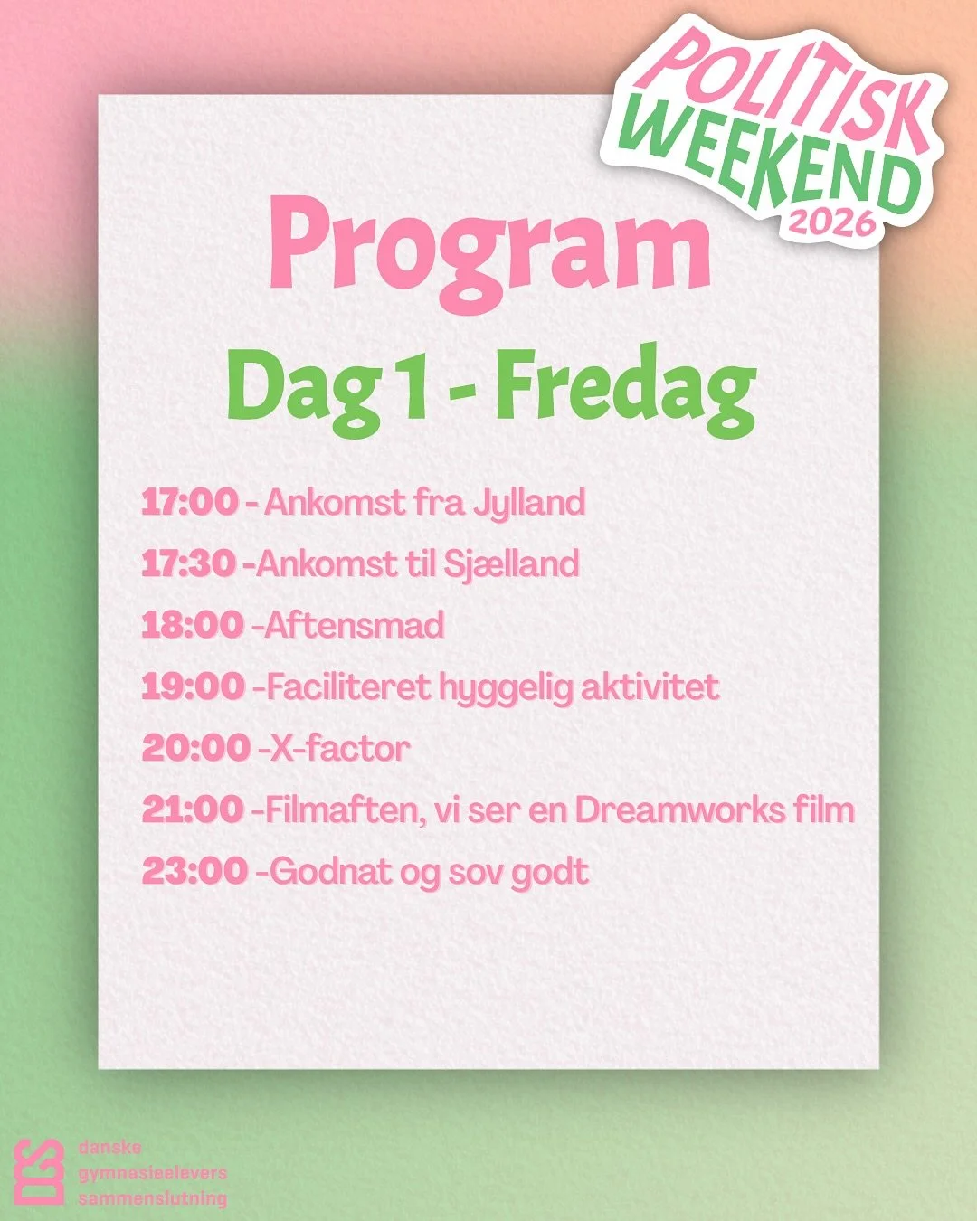Programmet til politisk er her! Vi kan n&aelig;sten ikke vente! 🌟 politisk weekend er d. 30 januar til 1. Februar, og vi f&aring;r bes&oslash;g af nogle fantastiske opl&aelig;gsholdere, der vil inspirere og motivere jer! 👏 Swipe for at se programme