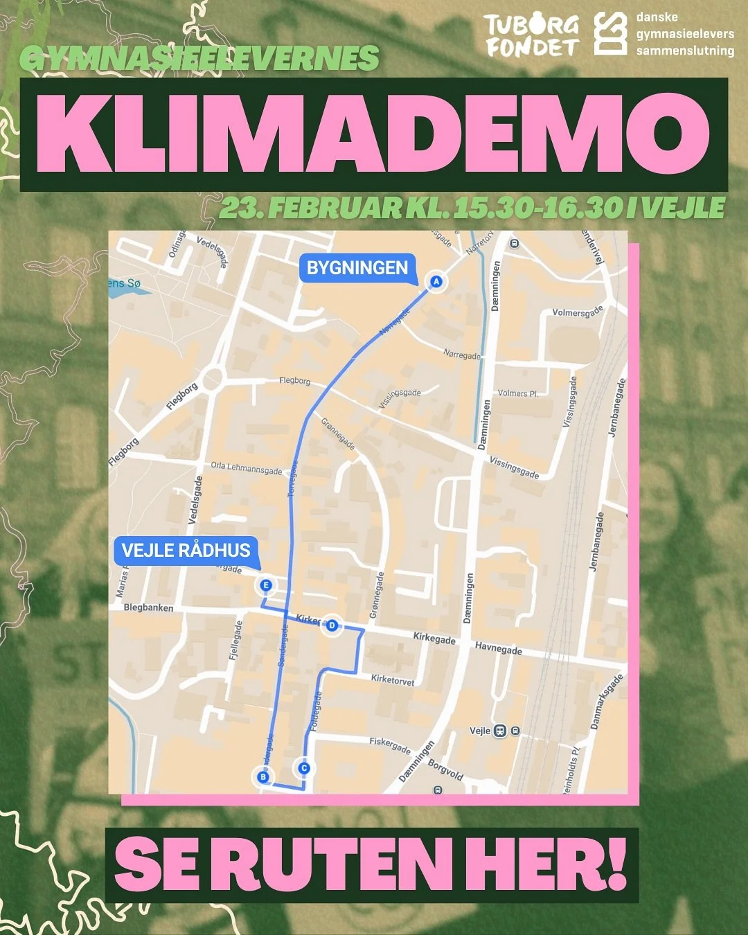 hER SER DU RUTEN TIL KLIMADEMO!

Vi gl&aelig;der os helt vildt til at se en masse af jer d. 23. februar i Bygningen i Vejle! Vi f&aring;r bl.a. bes&oslash;g af, N&oslash;dbremsen og Gr&oslash;n Geist, og s&aring; kommer du selvf&oslash;lgelig til at 