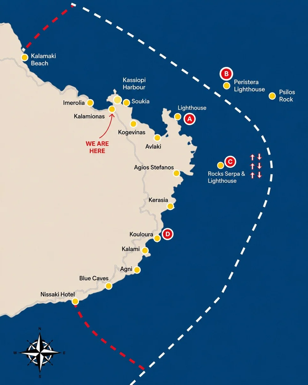 Map of the north-east coast of Corfu with labelled beaches