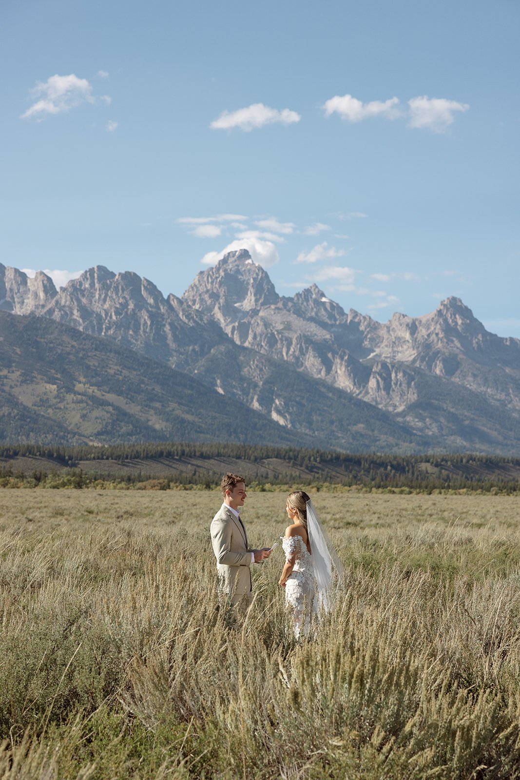 A bride and groom standing in a grassy field with mountains in the background on a clear day.
