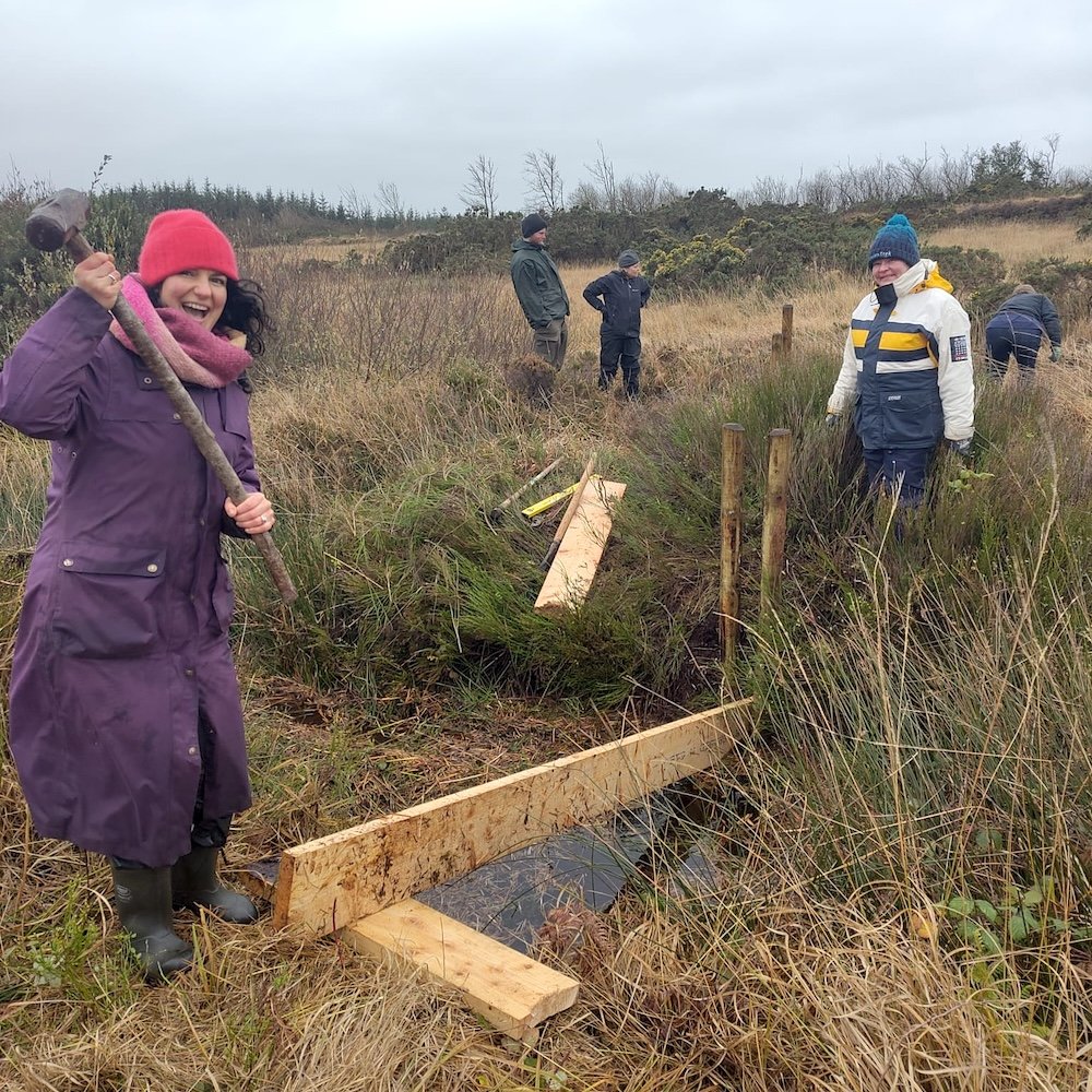 A person wielding a hammer about to strike a wooden structure that is in place as a peatlands dam at the Common Knowledge Centre